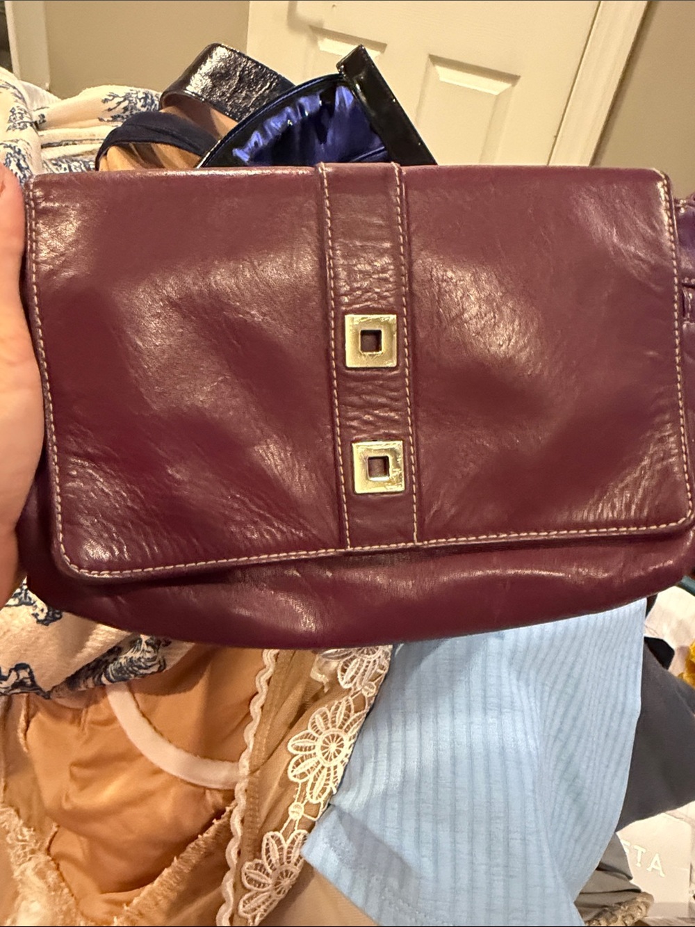 Vintage Perlina 🍆 Eggplant Leather Crossbody Y2K Shoulder Purse Made in Korea